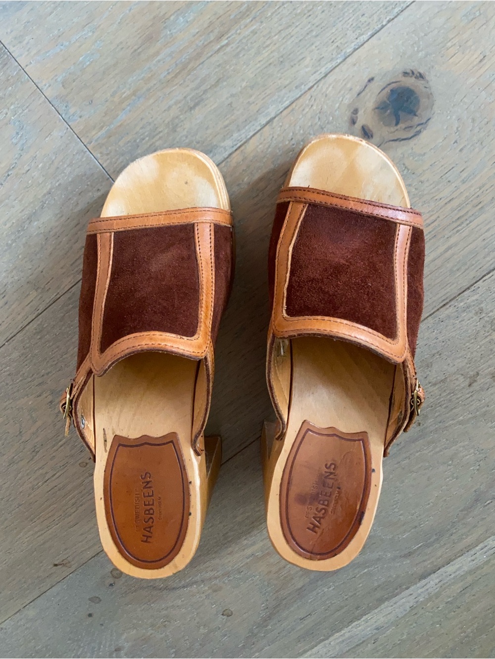 Swedish Hasbeens Brown and Tan Suede Leather Clogs